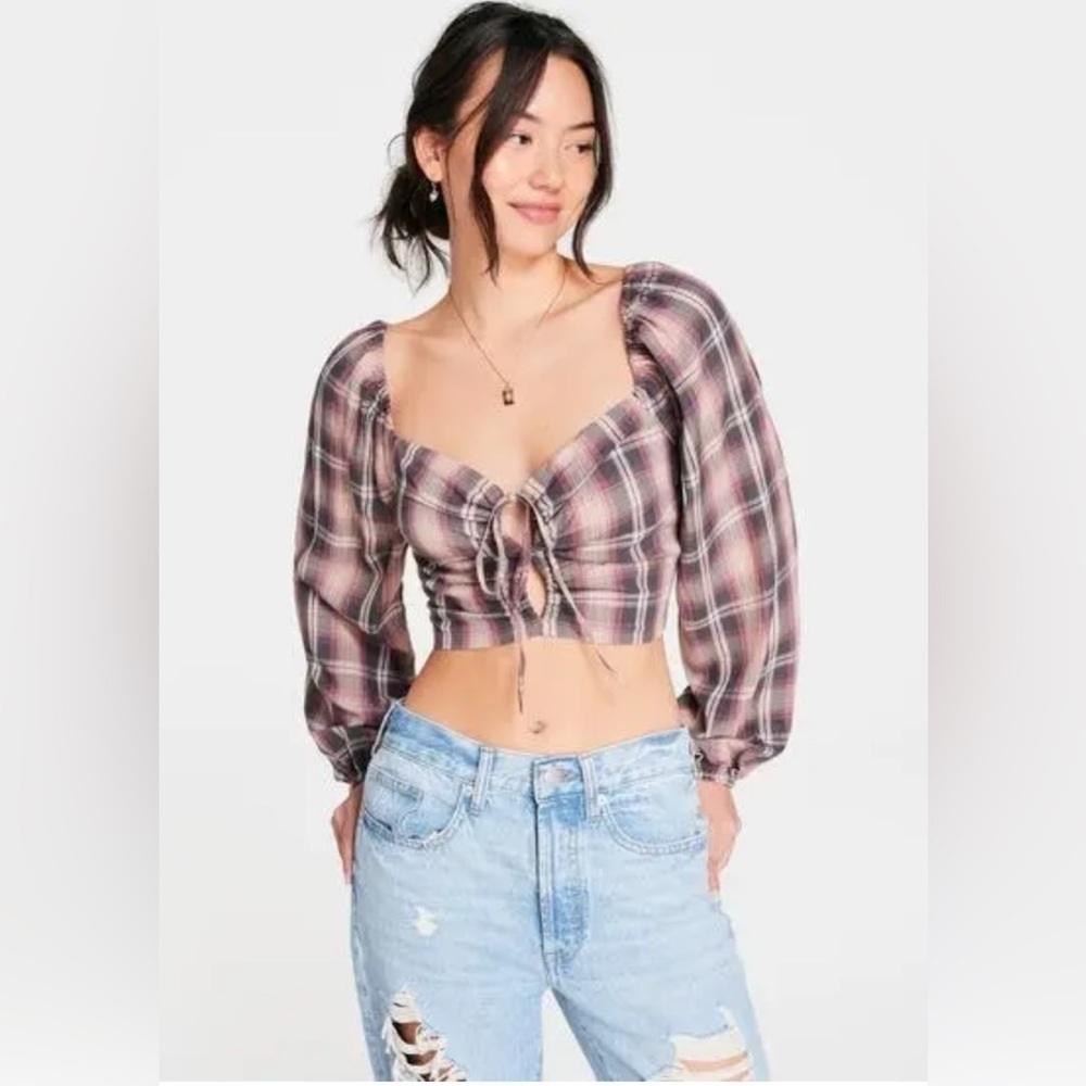 Aeropostale Long Puff Sleeve Mauve Tan Plaid Double Keyhole Crop Boho Top Size L